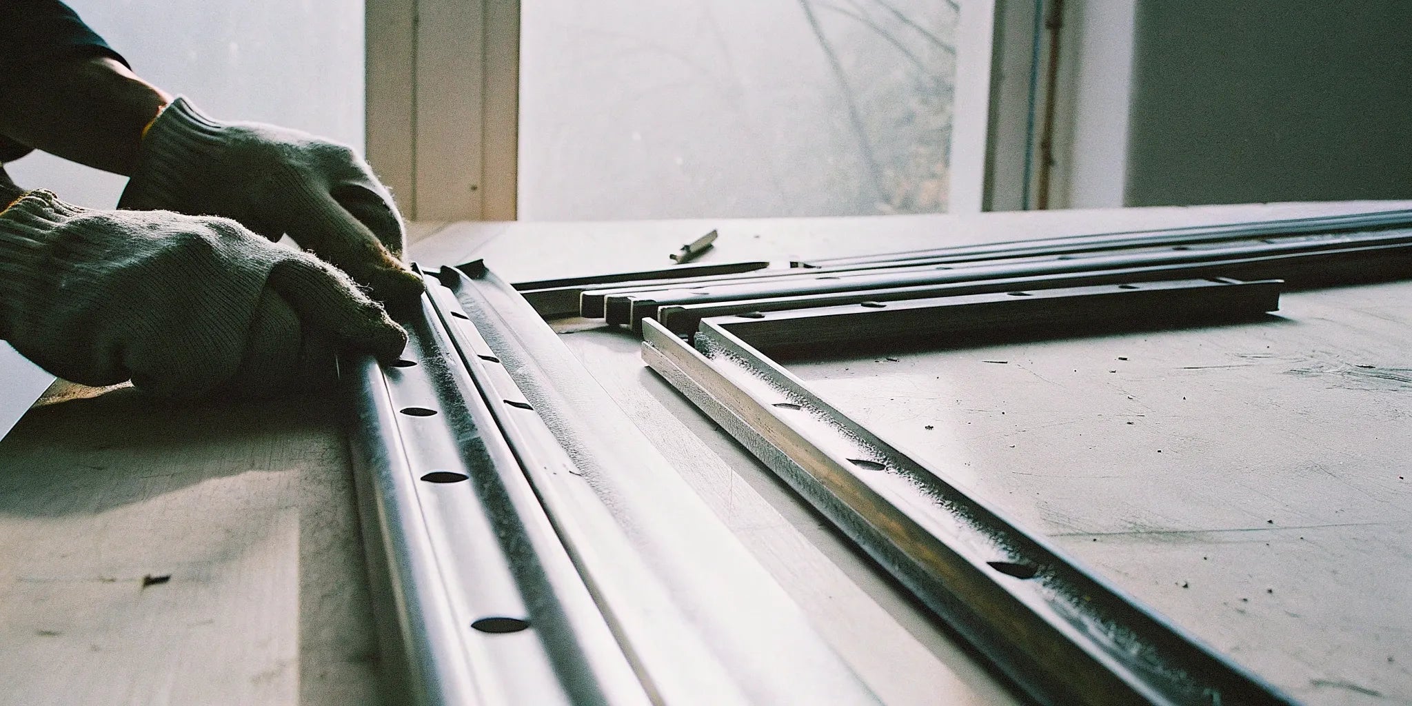 Hands in gloves assembling a steel door frame kit on a workbench.