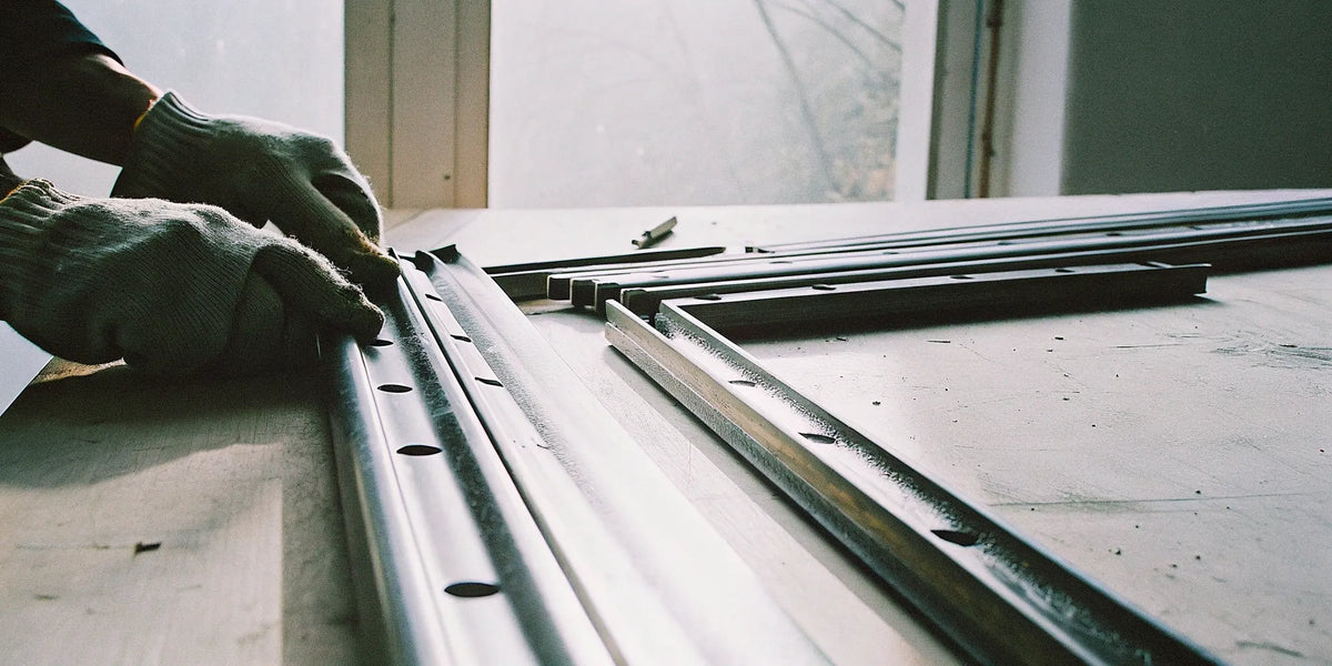 Hands in gloves assembling a steel door frame kit on a workbench.