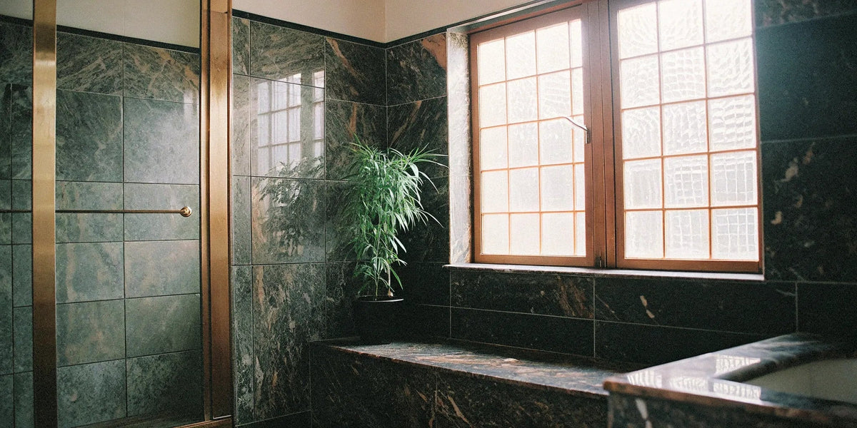 Large porcelain slabs on shower walls in a modern bathroom with minimal grout lines.