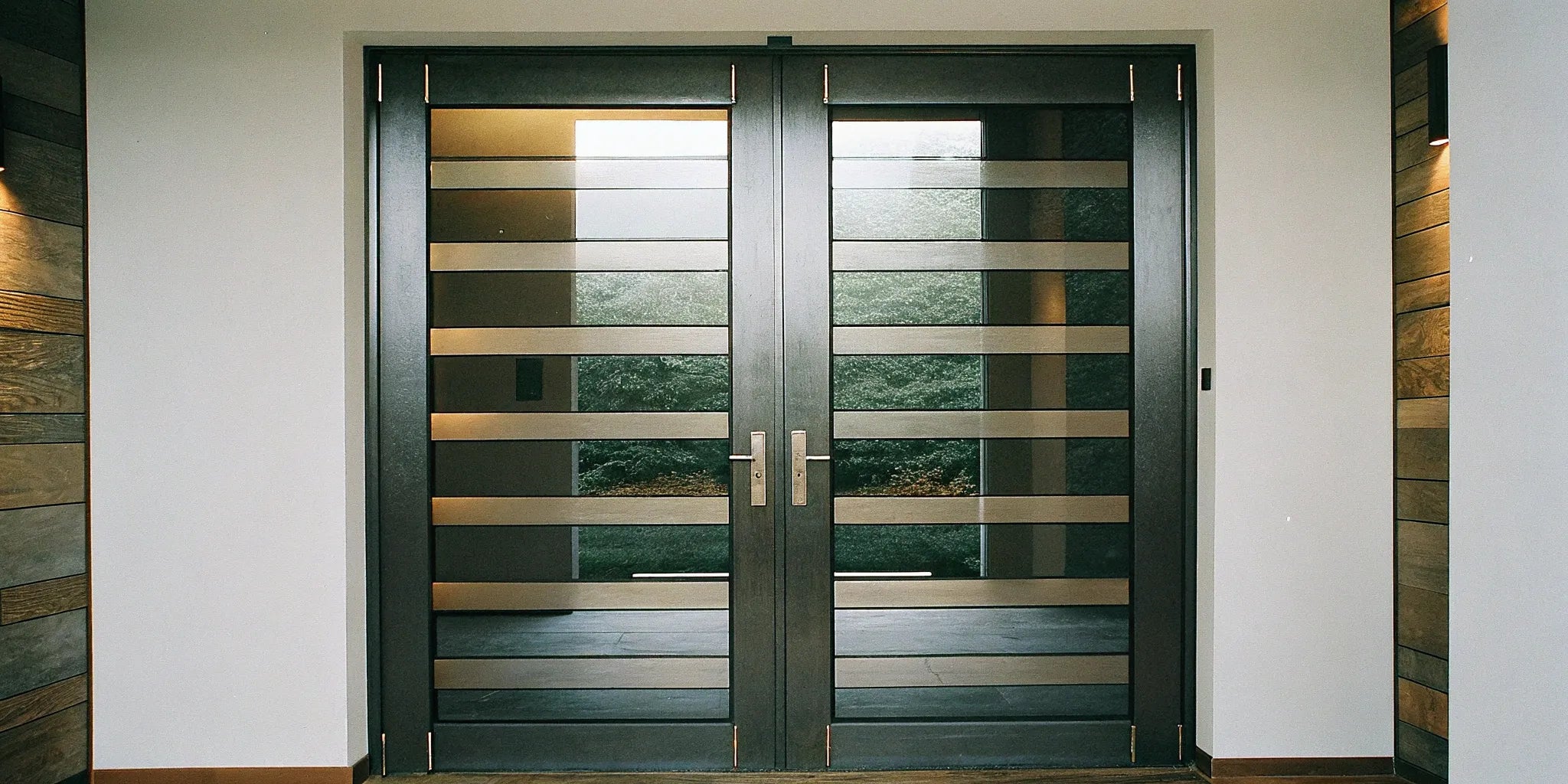 A secure 60x96 double steel door with glass panels and modern hardware.