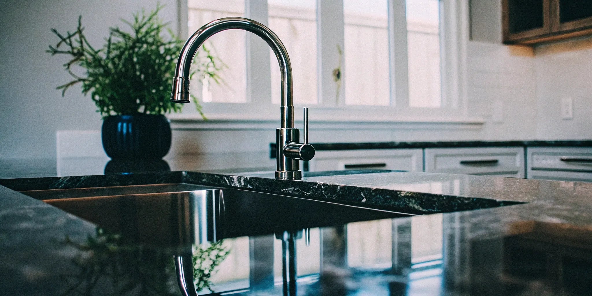 A modern, stainless steel kitchen faucet in a minimalist kitchen with dark counters.