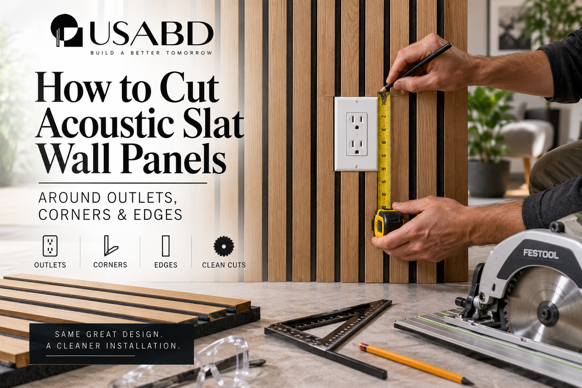 USA Builders Depot guide showing how to cut acoustic slat wall panels around outlets, corners and edges.