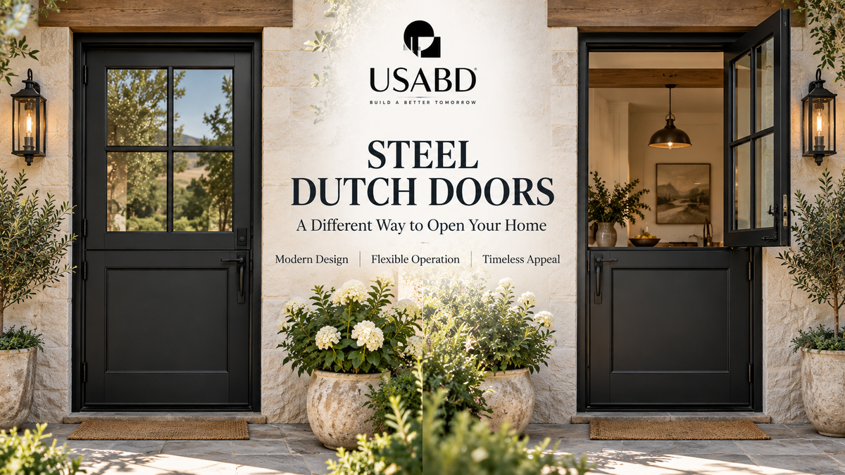USA Builders Depot steel Dutch doors showing closed and upper-half-open configurations