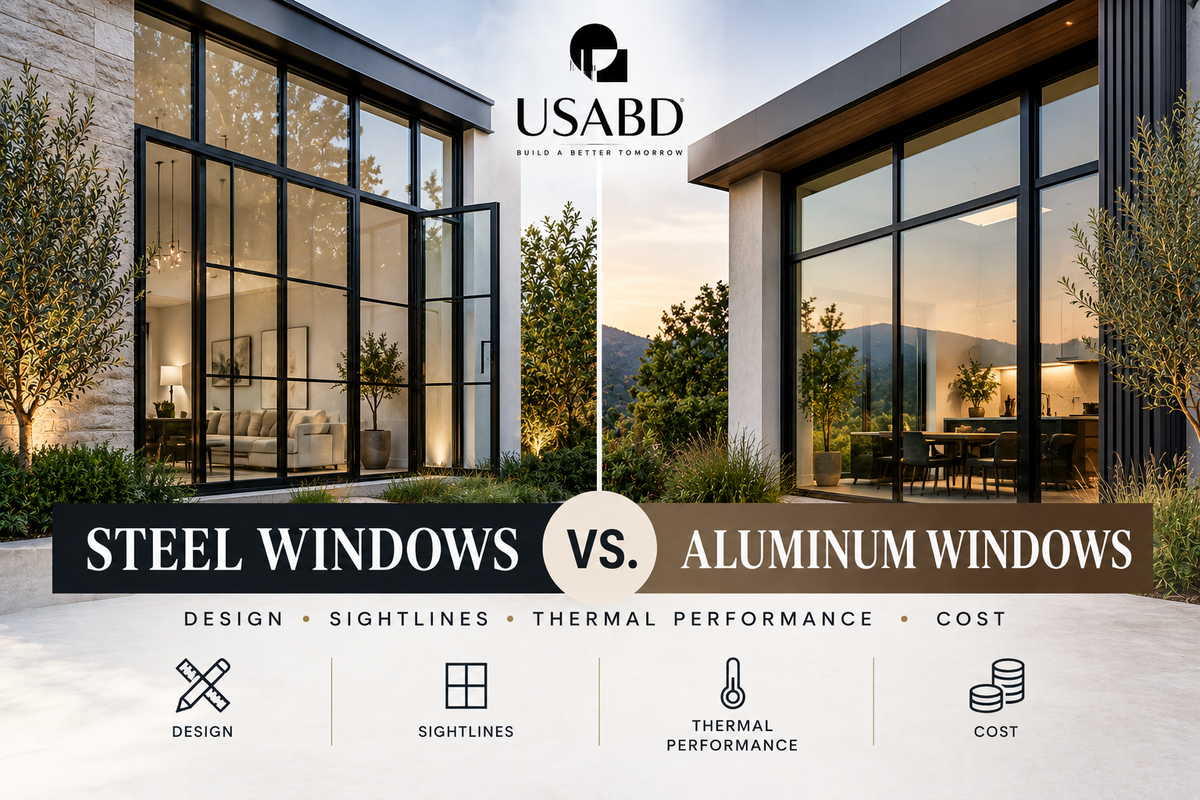 USA Builders Depot comparison guide showing steel windows versus aluminum windows by design, sightlines, thermal performance and cost.