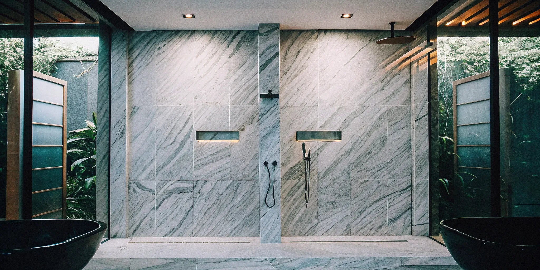 Large porcelain slabs with sleek veining on the walls of a minimalist modern shower.
