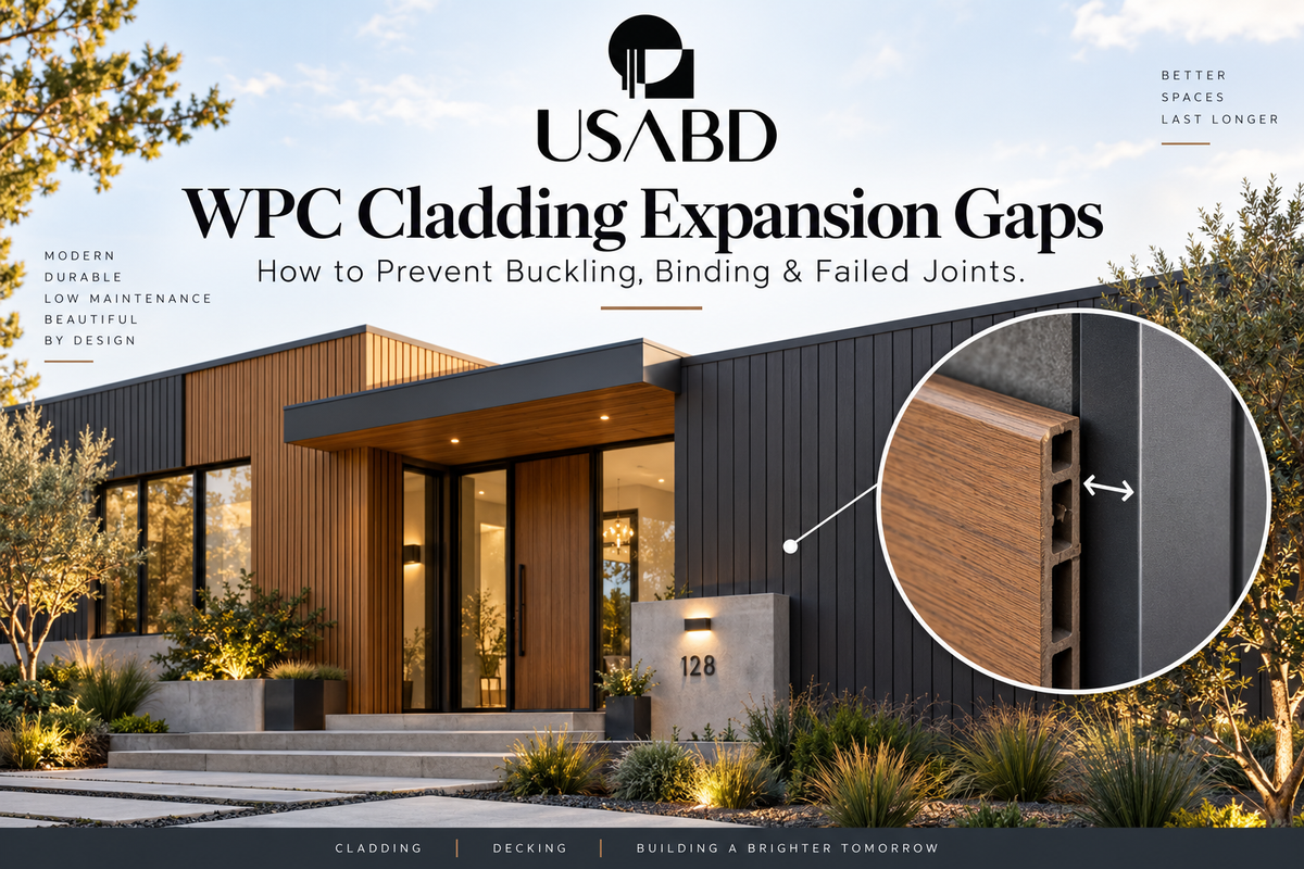 WPC cladding expansion gaps on a modern exterior facade with USABD branding