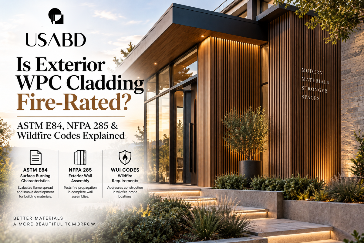 Exterior WPC cladding fire ratings guide with the approved USA Builders Depot logo