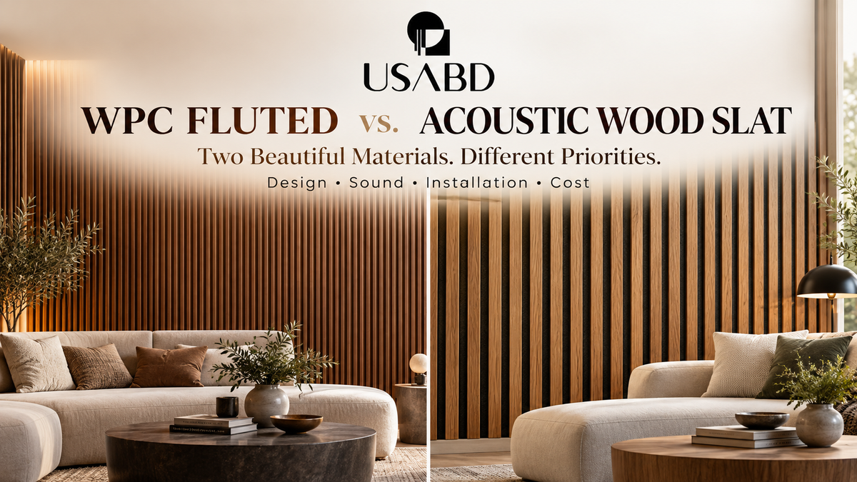 Comparison of WPC fluted interior wall panels and felt-backed acoustic wood slat panels in contemporary living rooms