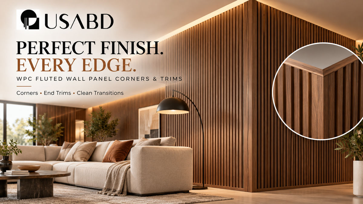 Interior WPC fluted wall panel corners and matching edge trim in a modern living room