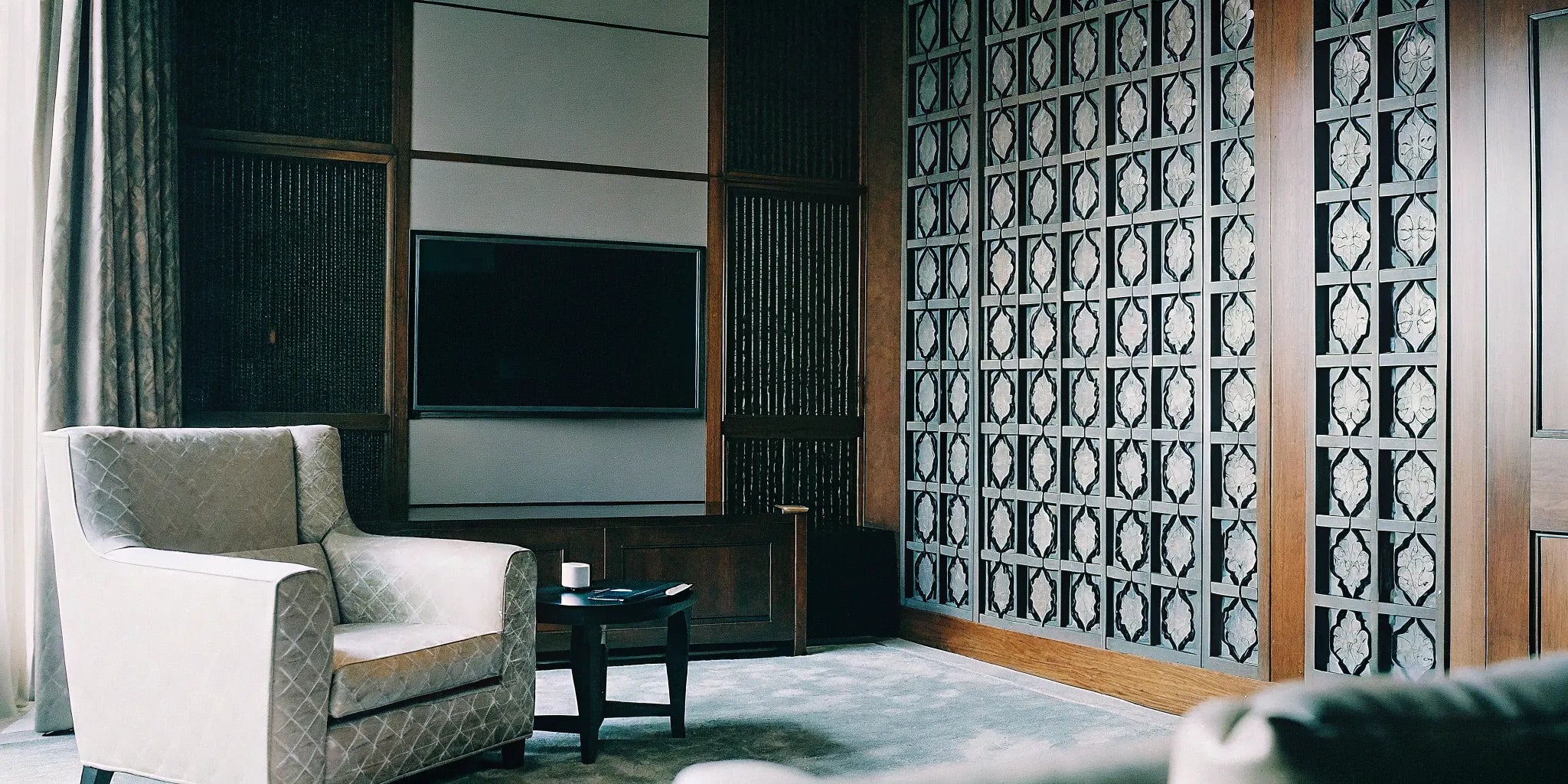 Decorative WPC panels for interior walls in a modern living room.