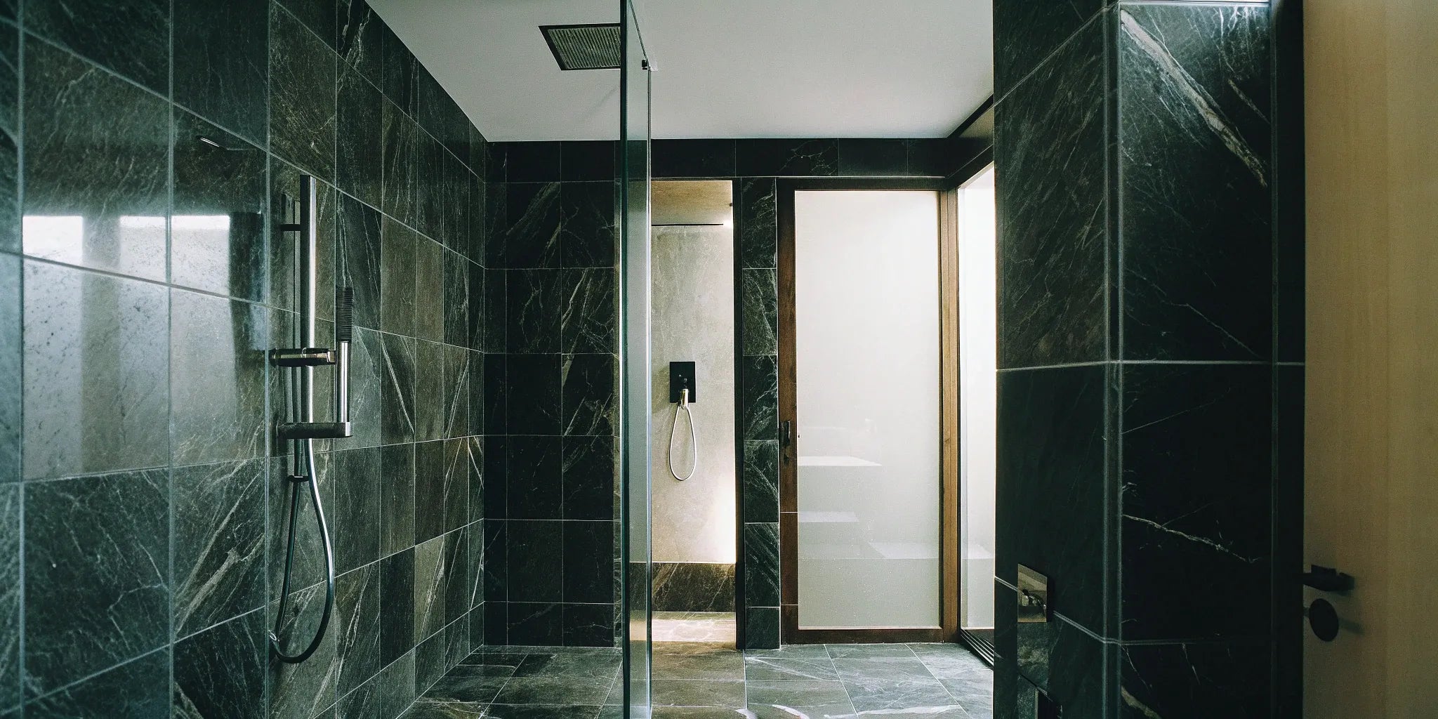 Large format porcelain shower walls with minimal grout lines create a seamless look in a modern bathroom.