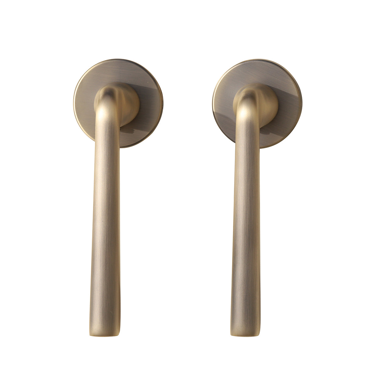 Two gold-colored metal door handles, one for each side of a door.