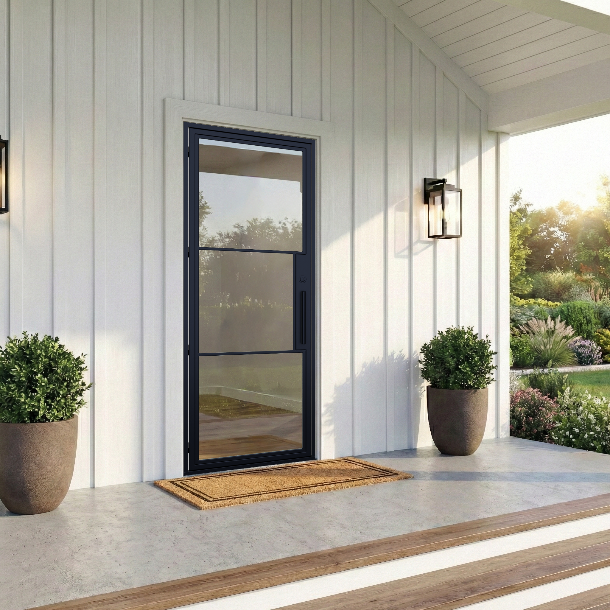 Modern black door with glass panels on a white wooden house exterior.