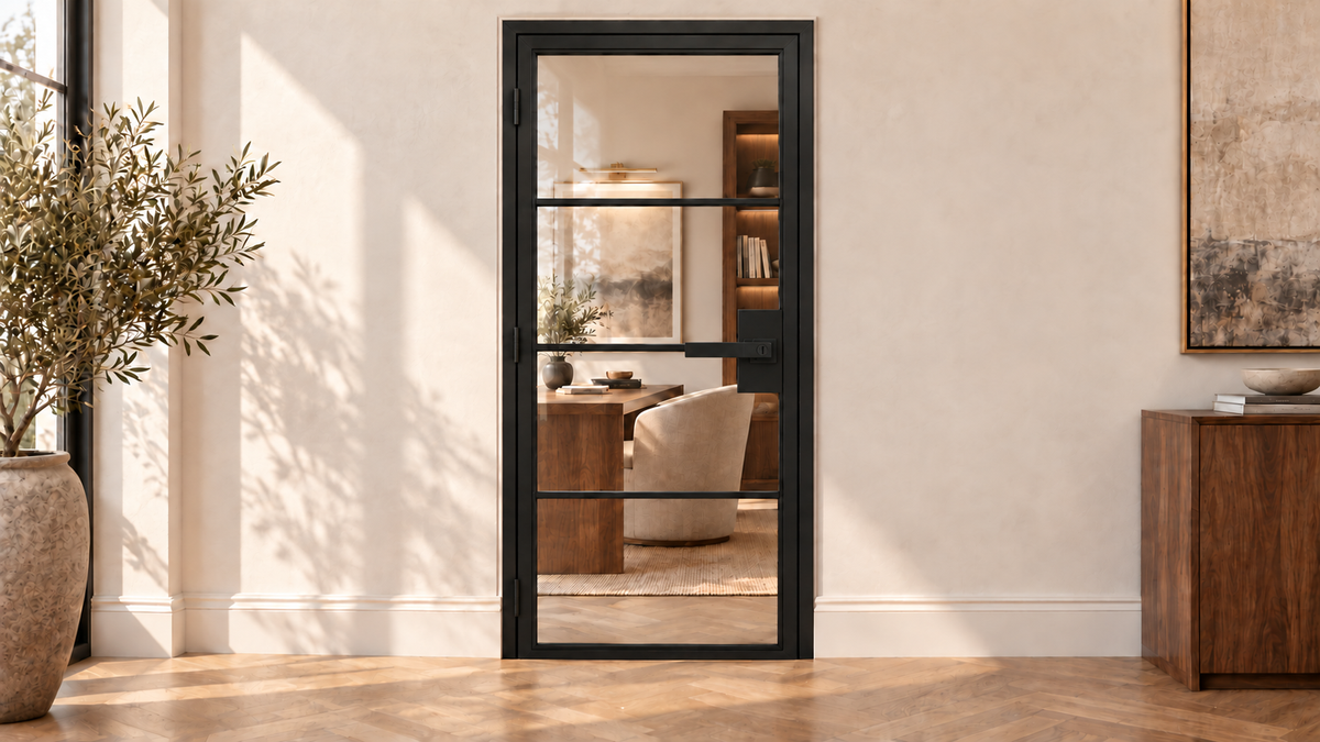 USABD 4 Lite clear glass interior French door with horizontal dividers — office view