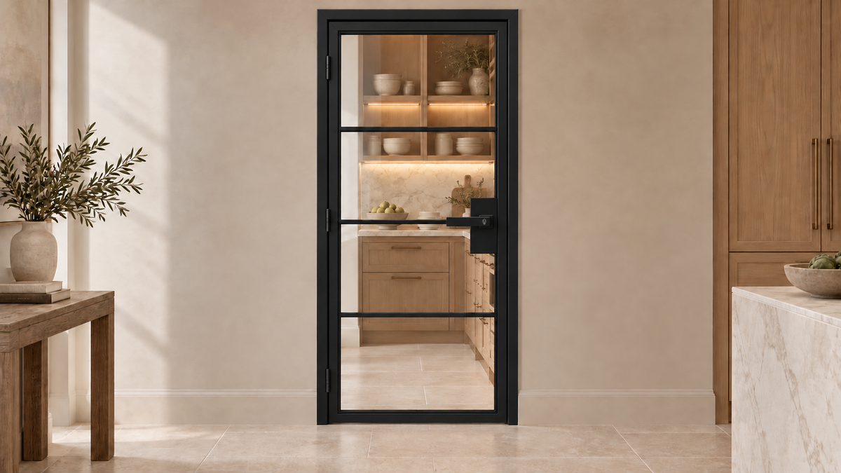 USABD 4 Lite clear glass interior French door with horizontal dividers — pantry view