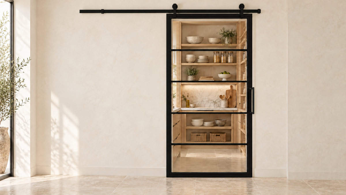 USABD five-lite clear-glass interior steel barn door with included rectangular pull — pantry