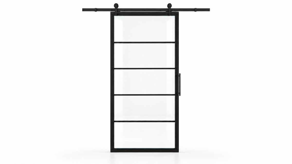 USABD five-lite clear-glass interior steel barn door with included rectangular pull — studio