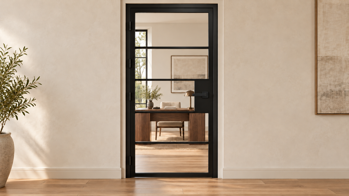 5 Lite clear-glass interior steel hinged door with included black keyed lever-lock — office