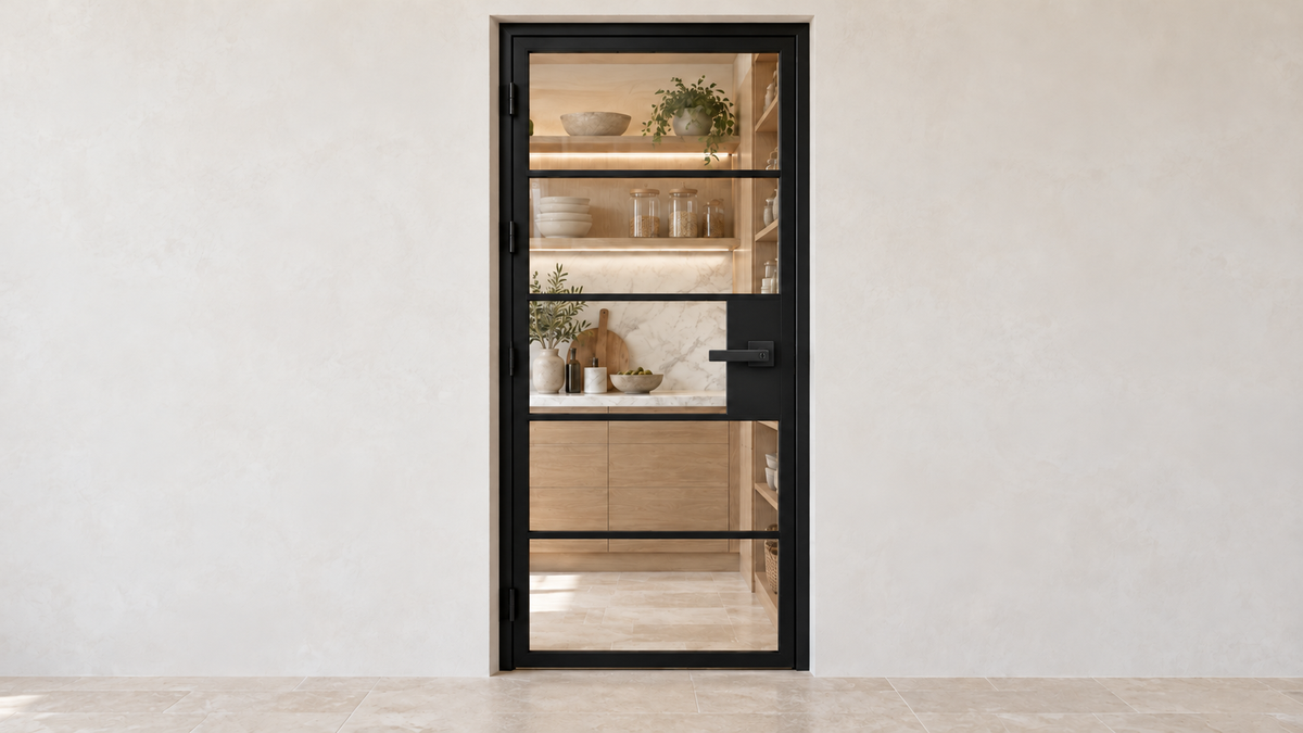5 Lite clear-glass interior steel hinged door with included black keyed lever-lock — pantry