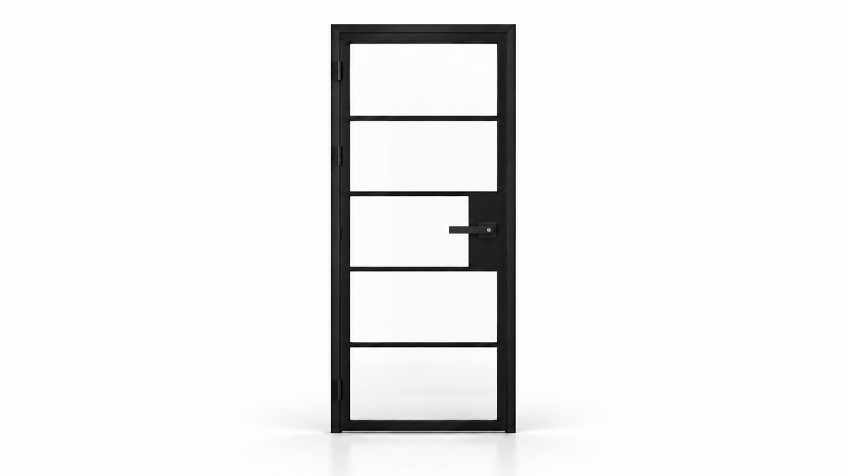 5 Lite clear-glass interior steel hinged door with included black keyed lever-lock — studio