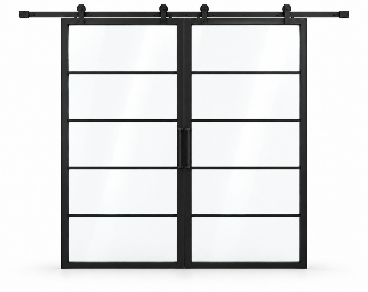 5 Lite double sliding interior steel barn doors with included rectangular pulls — studio