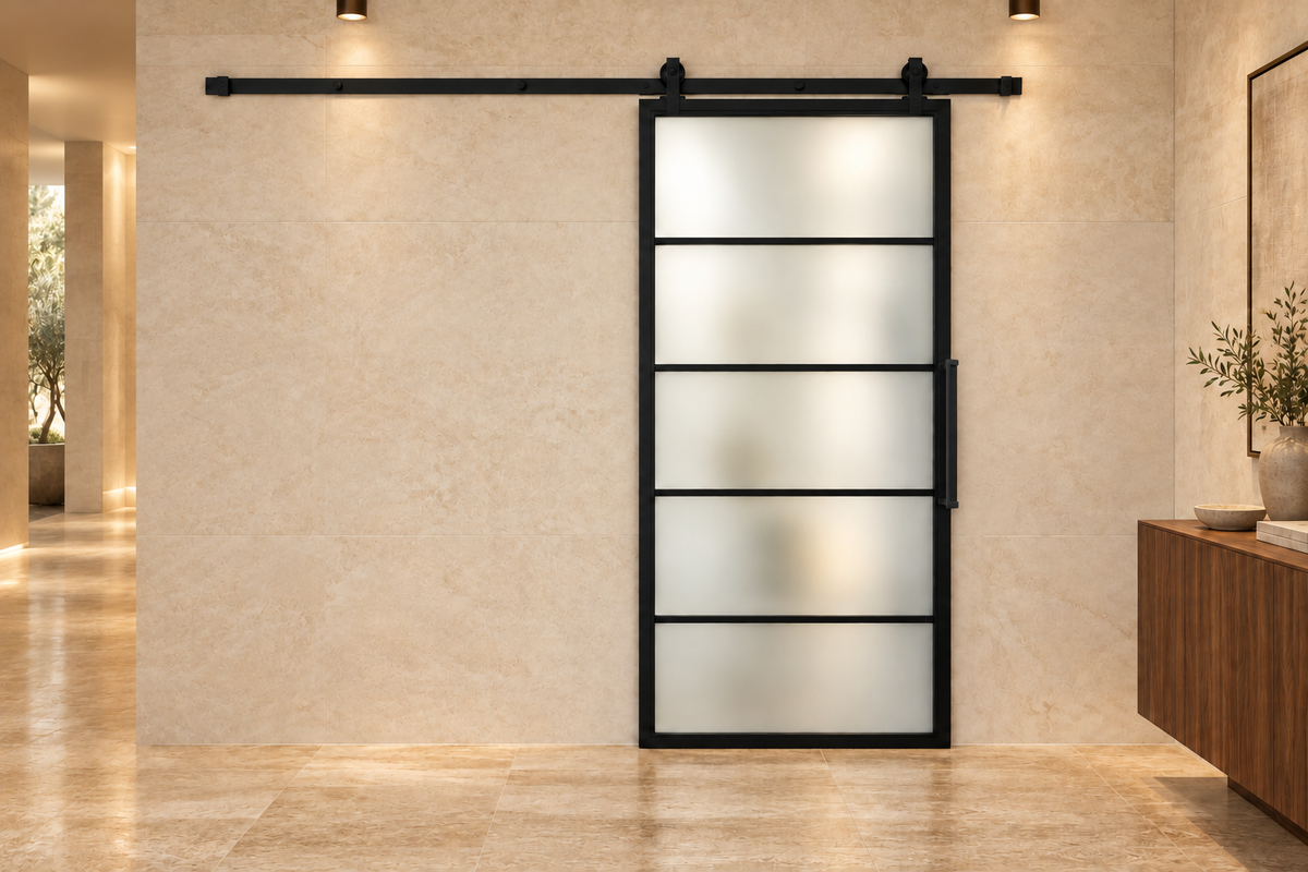 USABD five-lite frosted-glass interior steel barn door with included rectangular pull — suite