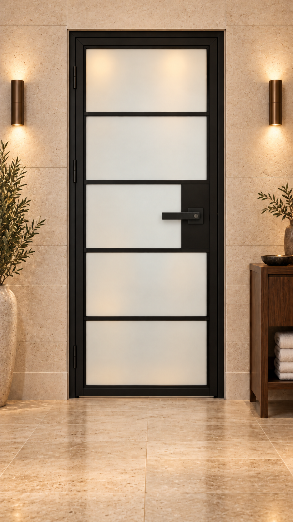 USABD five-lite frosted-glass hinged interior steel door with included rectangular lever lock — suite