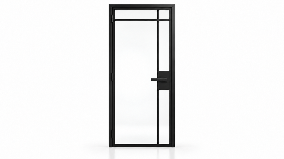 USABD 5 Lite interior steel door with offset side and top dividers, included black lever lock — studio setting