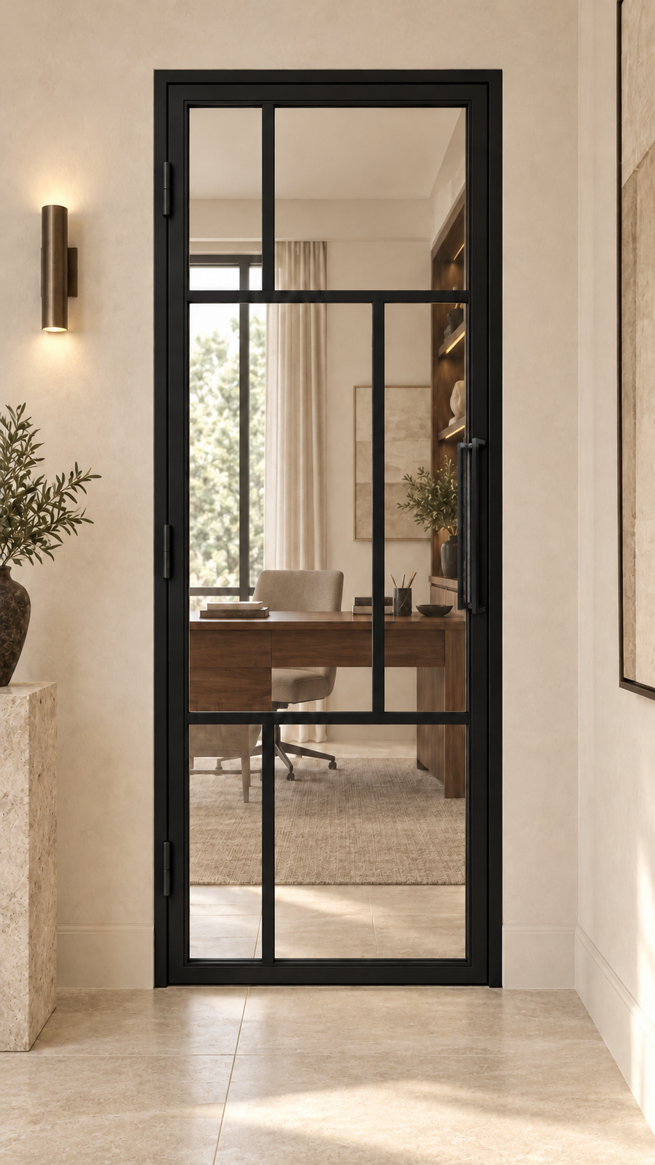 6 Lite asymmetric single hinged interior steel door with included rectangular pull — office
