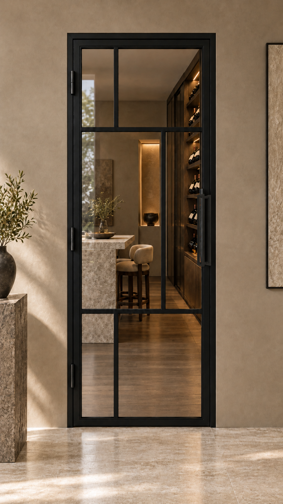 6 Lite asymmetric single hinged interior steel door with included rectangular pull — wine