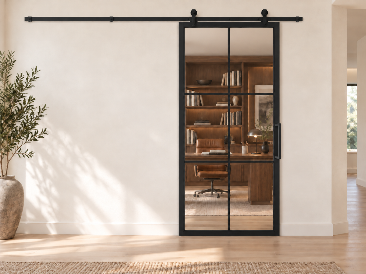 USABD 6 Lite single interior steel barn door with included rectangular pull — office