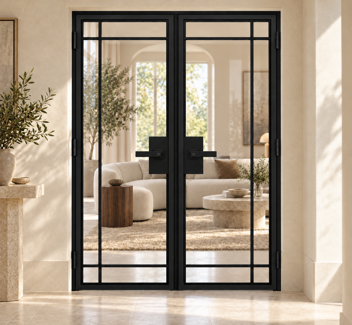 6 Lite outward-opening double interior steel door with included rectangular lever hardware — living