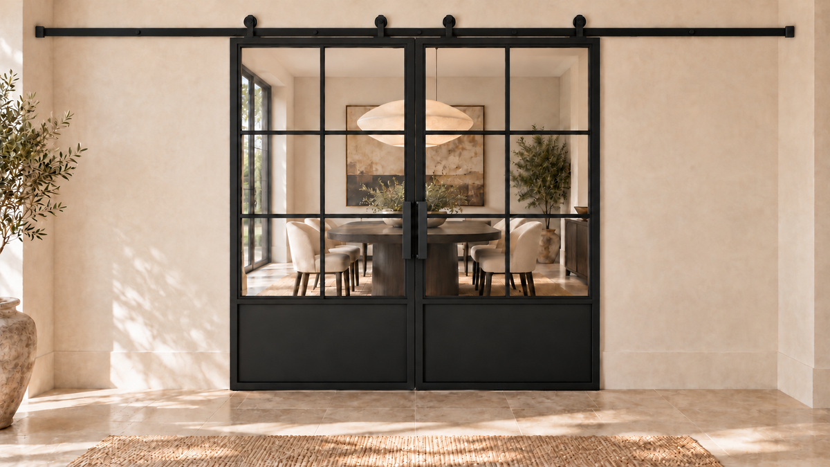 6 Lite double interior barn door with steel lower panels and included rectangular pulls — dining room