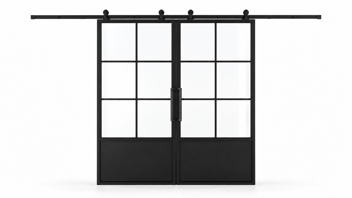 6 Lite double interior barn door with steel lower panels and included rectangular pulls — studio