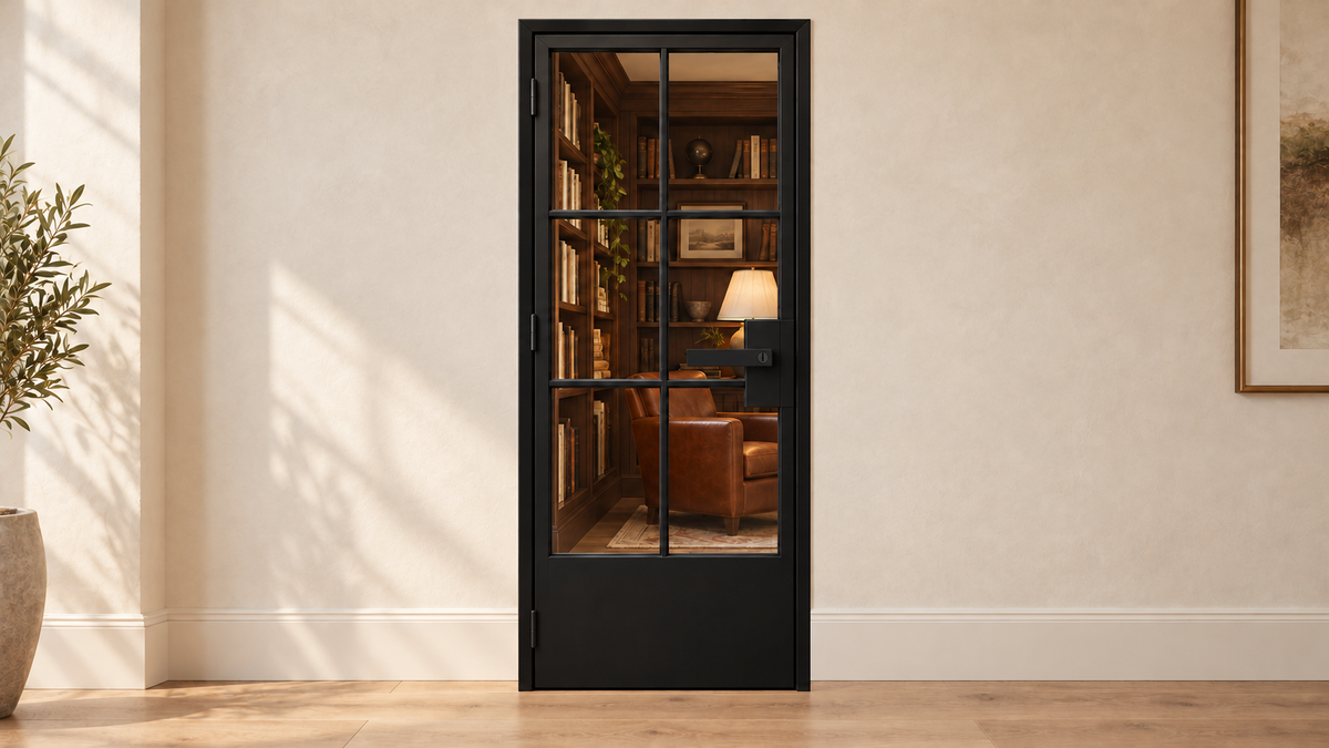USABD six-lite interior hinged steel door with solid bottom panel and included lever lock — library