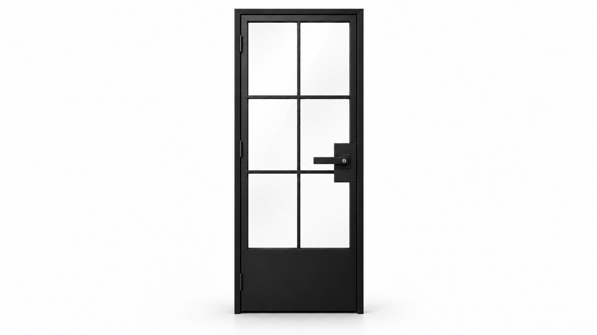 USABD six-lite interior hinged steel door with solid bottom panel and included lever lock — studio