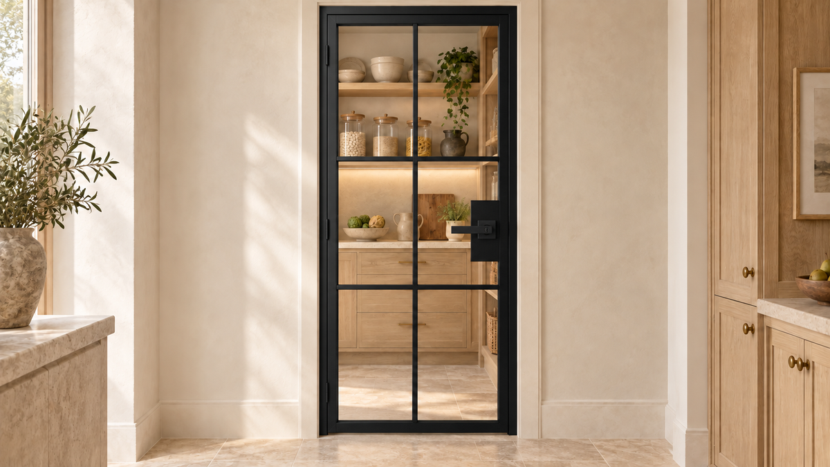 USABD six-lite full-height-grid interior hinged steel door with included lever lock — pantry