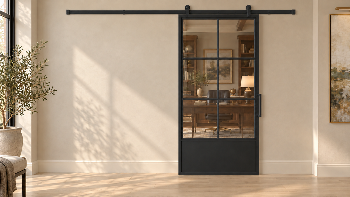 6 Lite single interior steel barn door with solid lower panel and included rectangular pull — study