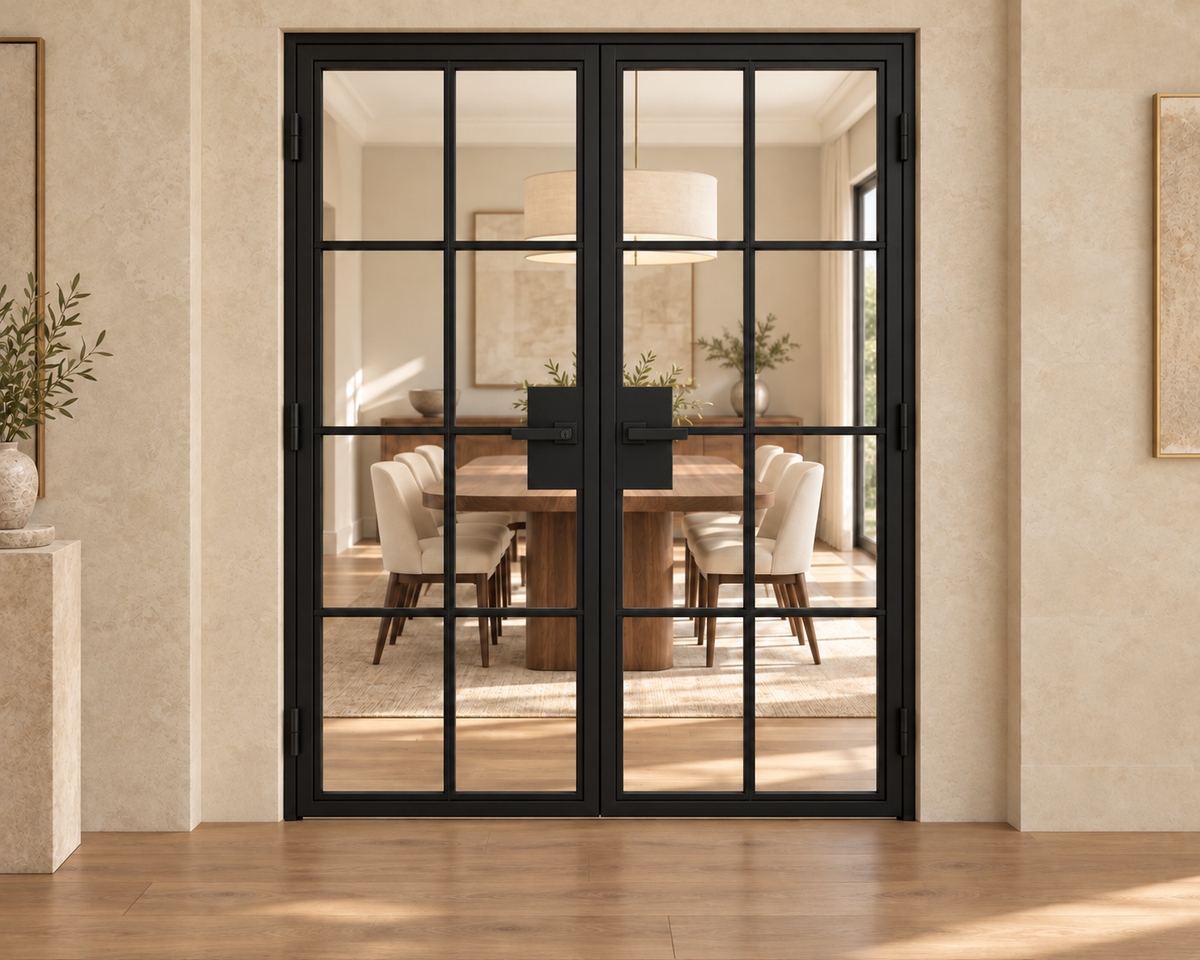8 Lite interior steel double French door with included lever hardware – dining