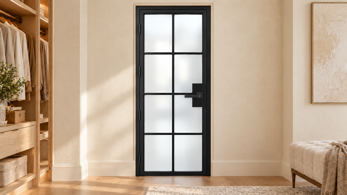 8 Lite frosted-glass interior steel door with included keyed lever – dressing