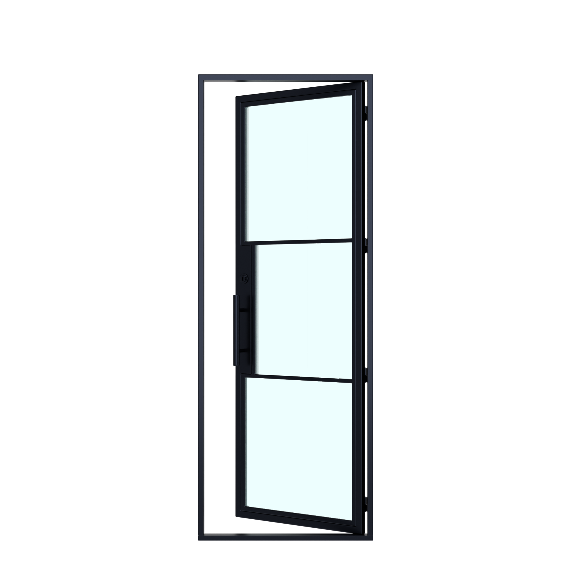 Black-framed glass door on a white background 3 Lite Modern Single Steel Door