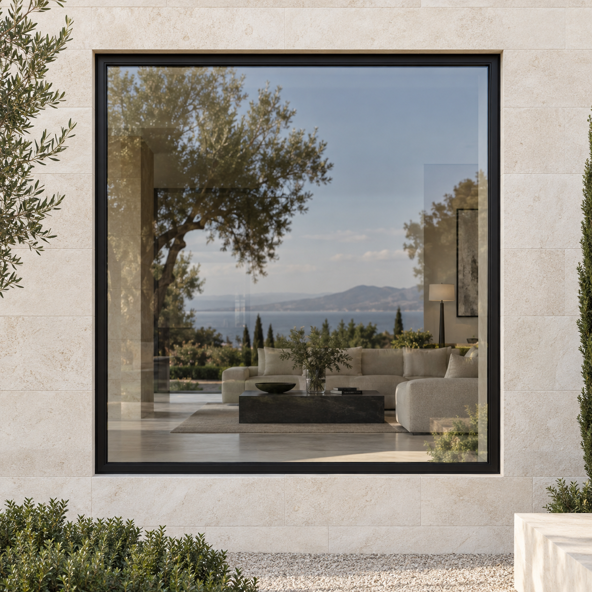 1 Lite fixed black thermally broken aluminum window in an ivory limestone exterior.