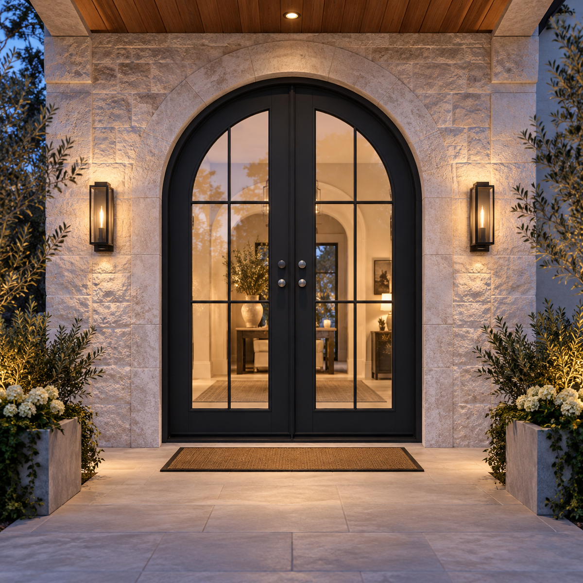 Evergreen Double thermally broken black steel door in a luxury evening entryway — lifestyle visualization