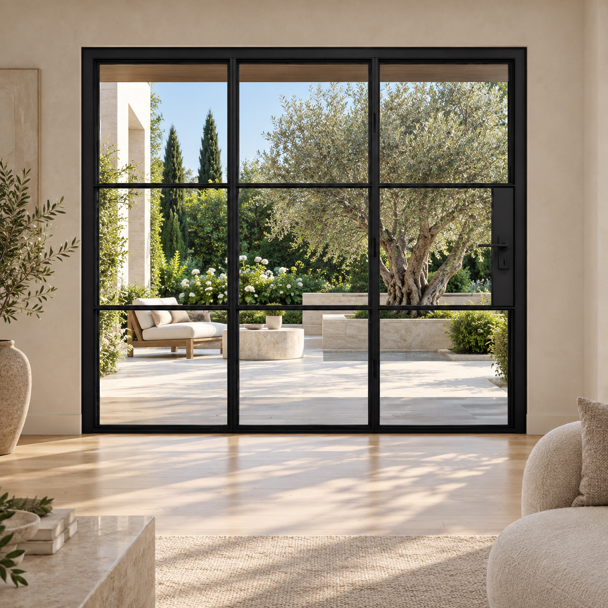 3S three-panel black steel bifold door in a limestone living room overlooking an olive courtyard — lifestyle visualization