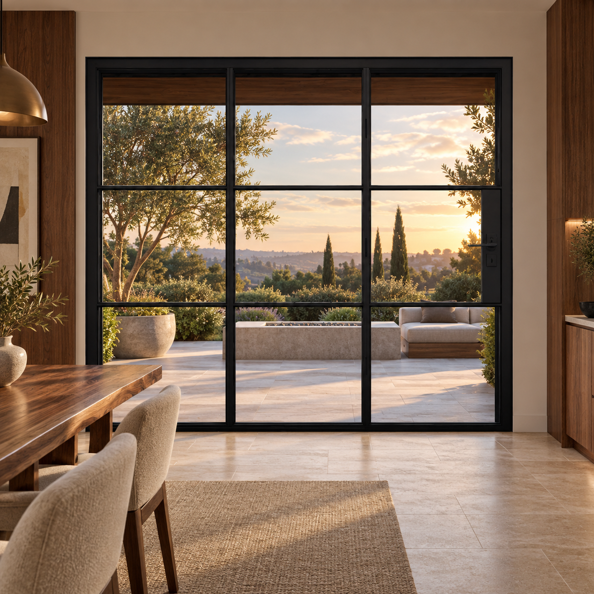 3S three-panel black steel bifold door in a walnut dining room overlooking a terrace — lifestyle visualization