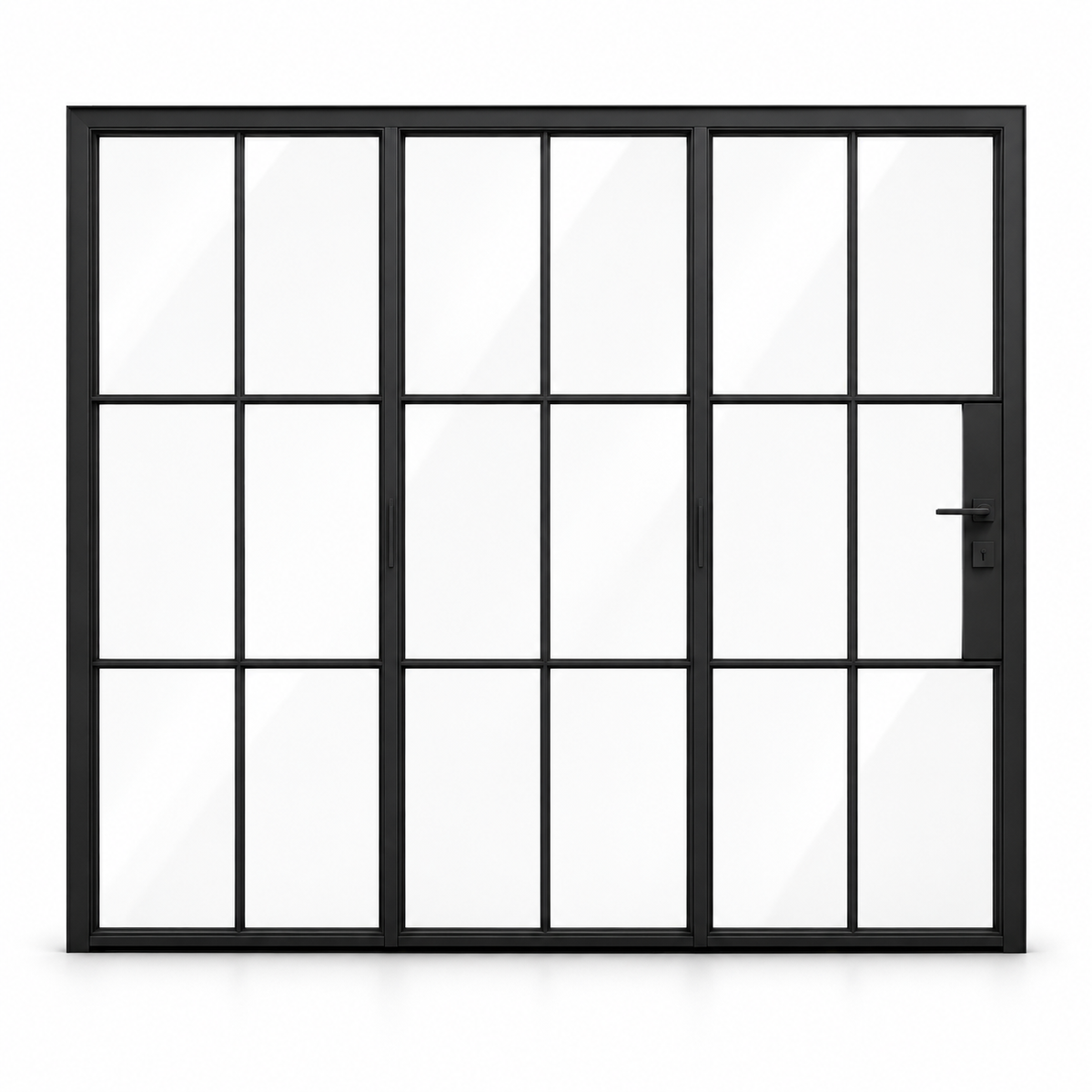 6S three-panel black steel bifold door on a white background — product visualization