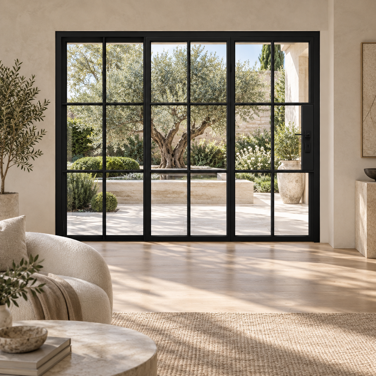 6S three-panel black steel bifold door in a limestone living room overlooking an olive courtyard — lifestyle visualization