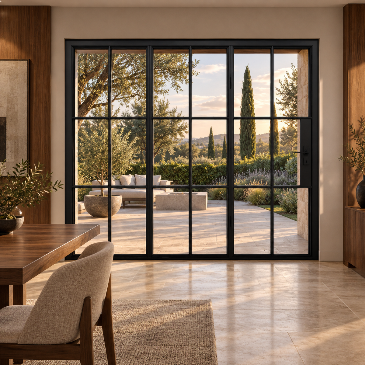6S three-panel black steel bifold door in a walnut dining room overlooking a terrace — lifestyle visualization