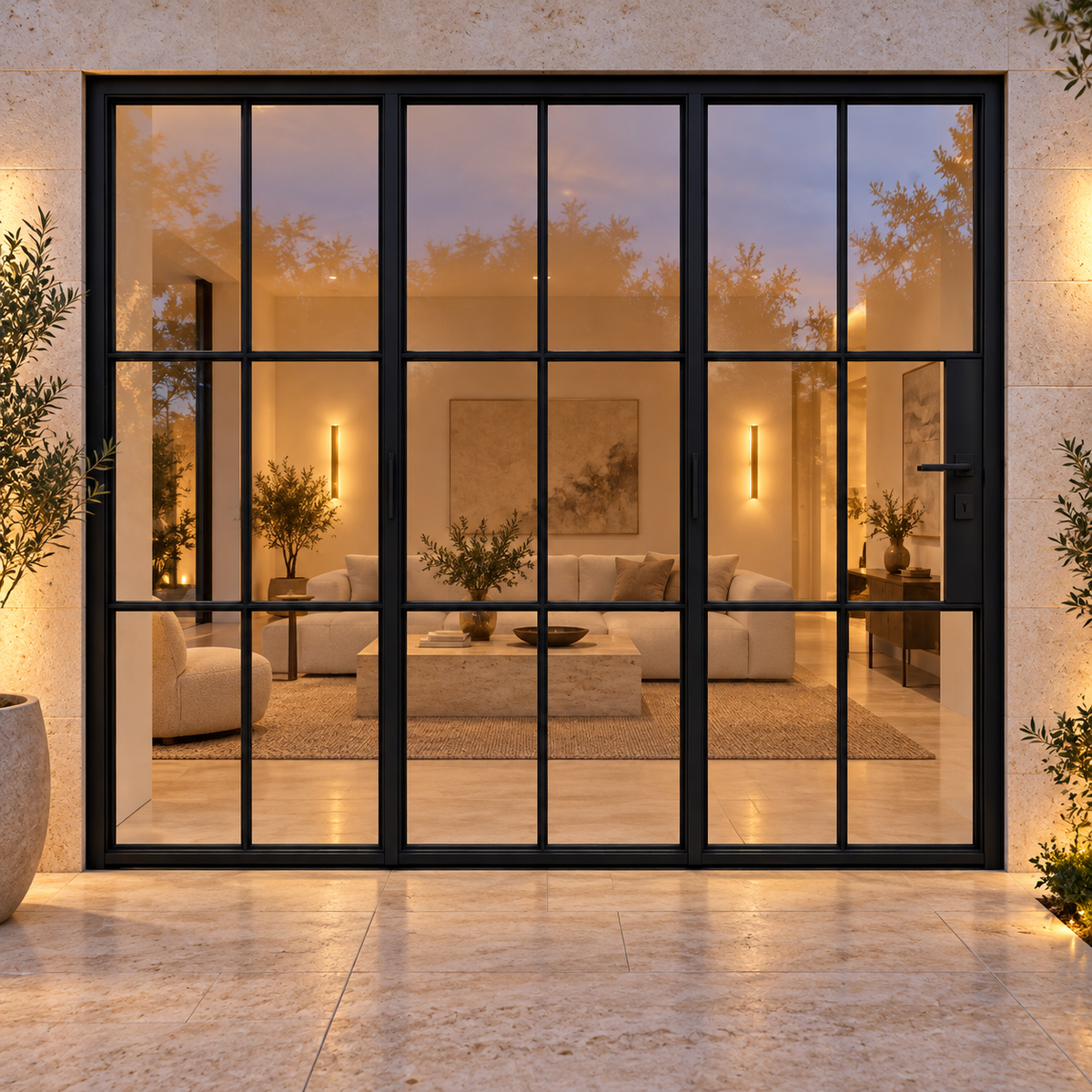 6S three-panel black steel bifold door on a travertine terrace at blue hour — lifestyle visualization