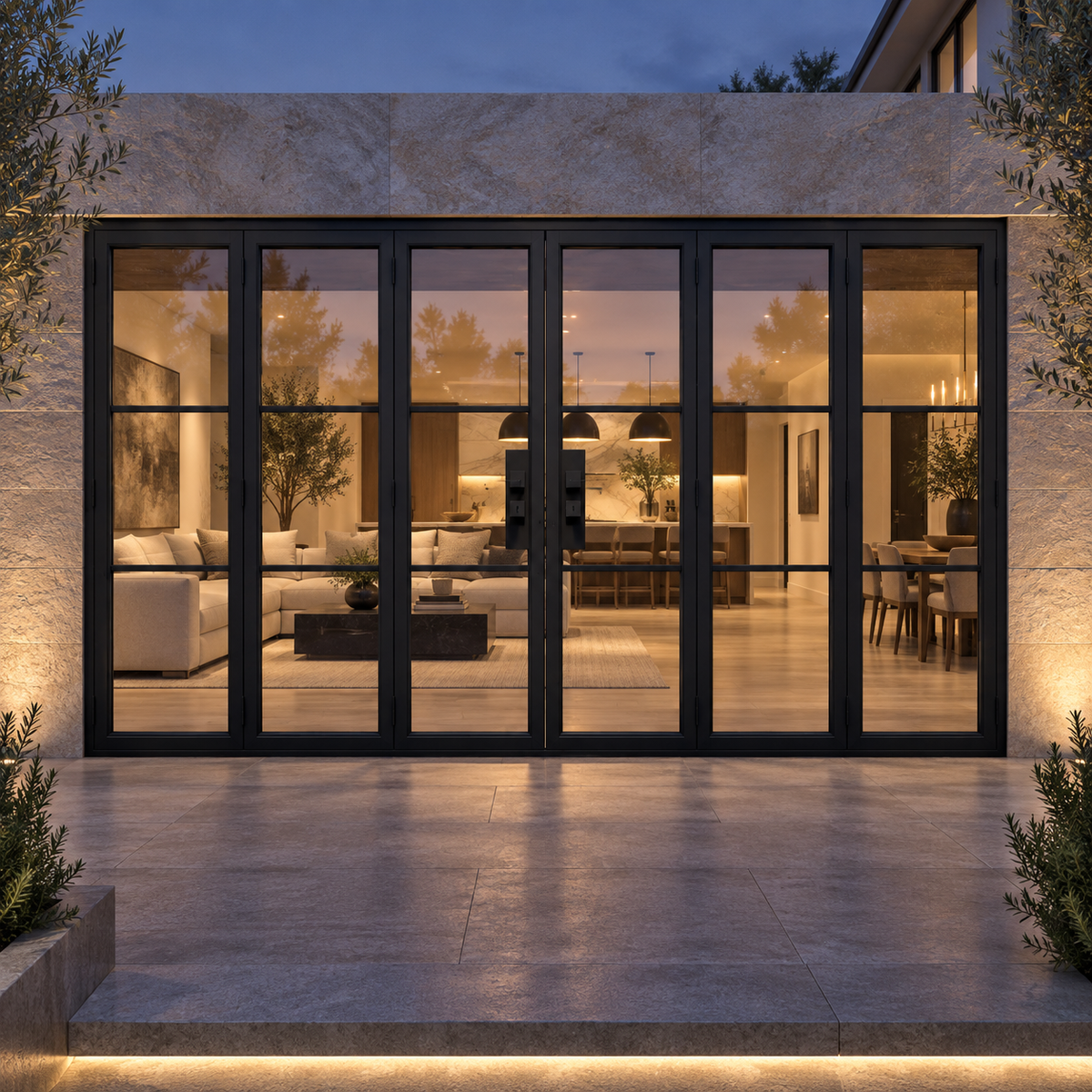 Black 3-Lite - 3+3 Panel Steel Bifold Door at a modern residence at dusk — lifestyle visualization
